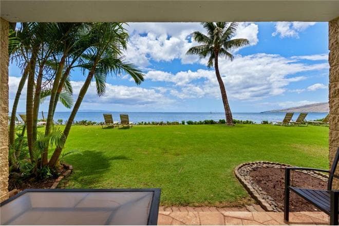 Covered patio with ocean view