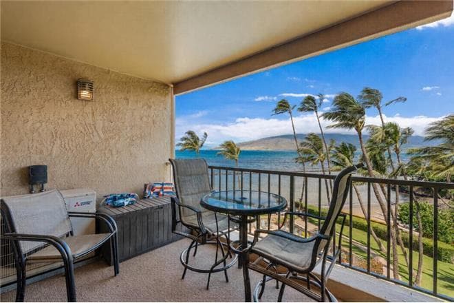 Covered patio with ocean view