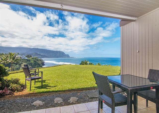 Covered patio with ocean view