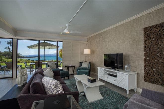 Covered patio with ocean view