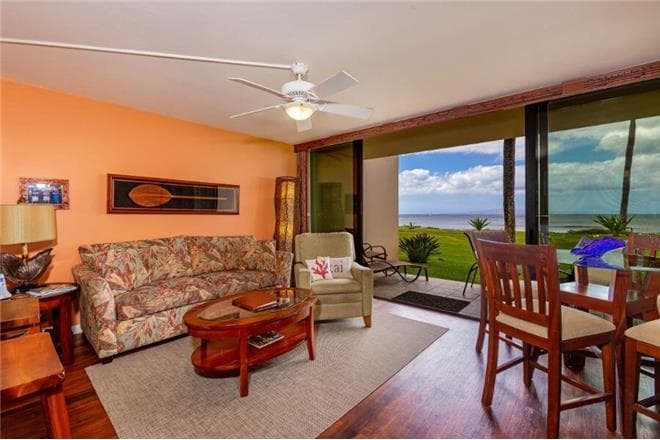 Covered patio with ocean view