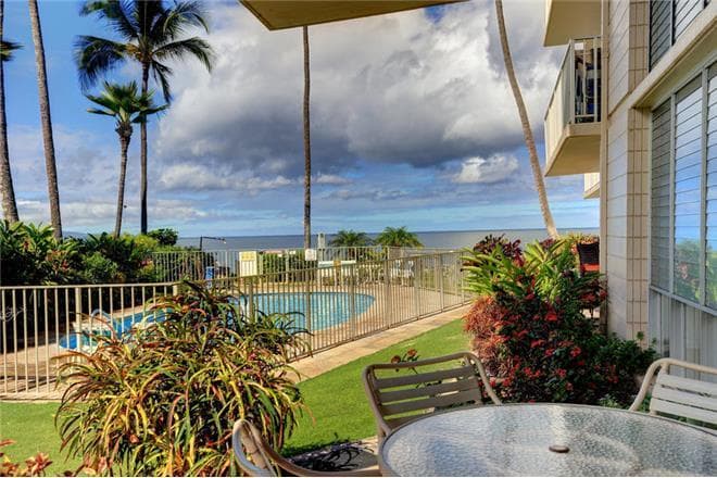 Covered patio with ocean view