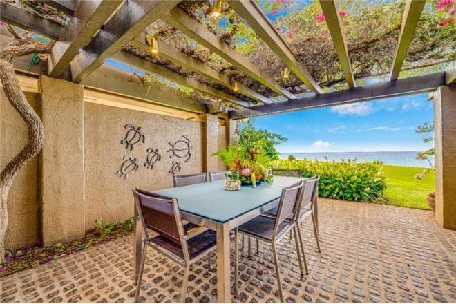 Covered patio with ocean view