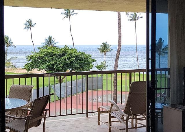 Covered patio with ocean view